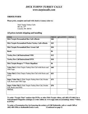 Dick Turpin Turkey Calls Order Form