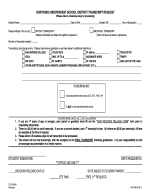 Northside ISD Transcript Request Form