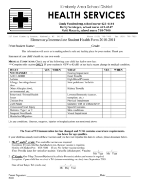Elementary Intermediate Student Health Form