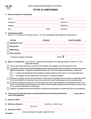 North Carolina Offer in Compromise Form OIC-100