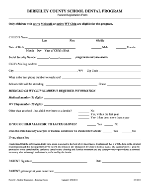 Berkeley County School Dental Program Patient Registration Form
