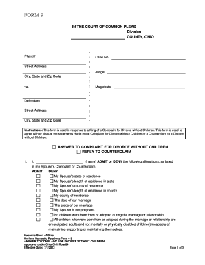 Answer to Complaint for Divorce without Children