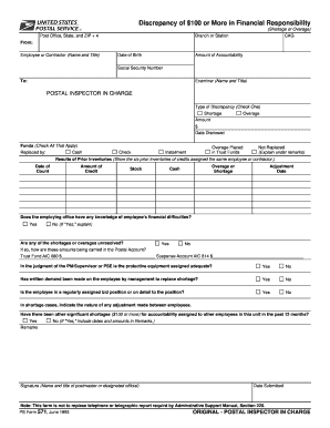 USPS Form 571 - Discrepancy of $100 or More in Financial Responsibility