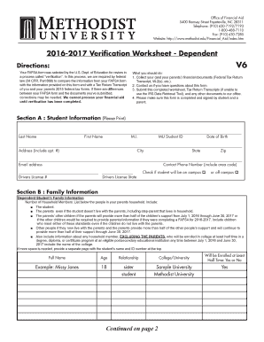 2016-2017 Verification Worksheet - Dependent