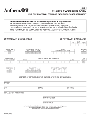 Claims Exemption Form for Out-of-Area Dependents