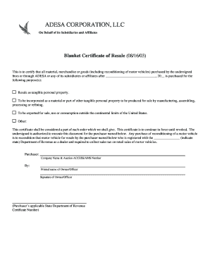Blanket Certificate of Resale