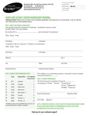 Maryland Science Center Membership Renewal Form