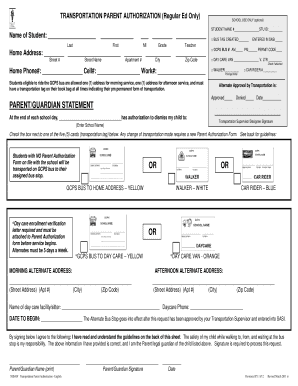 Transportation Parent Authorization Form