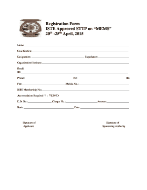 Fillable Online Registration Form ISTE Approved STTP on MEMS 20th -25th ...