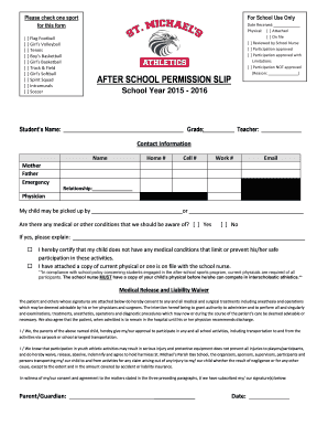 School After-School Sports Permission Slip