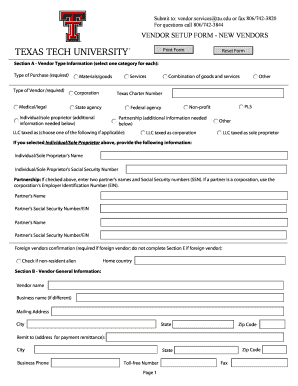 Vendor Setup Form - New Vendors