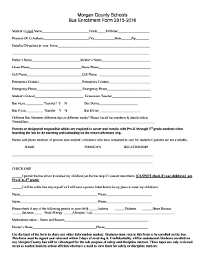 Morgan County Schools Bus Enrollment Form