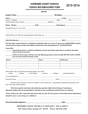 Hampshire County Schools Bus Enrollment Form
