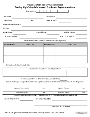 Prince George's County Evening High School Concurrent Enrollment Registration Form