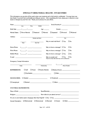 Specialty Behavioral Health Intake Form