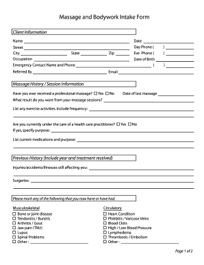 Massage and Bodywork Intake Form