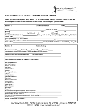 Massage Therapy Client Health Intake and Policy Review
