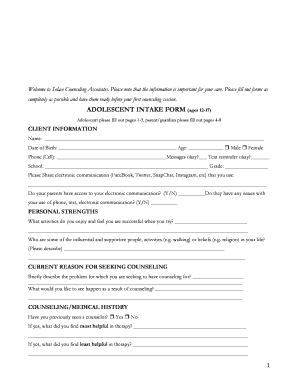 Adolescent Intake Form