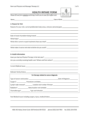 Health Intake Form for Physical and Massage Therapy