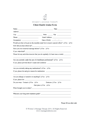 Client Health Intake Form - Womens Massage Therapy