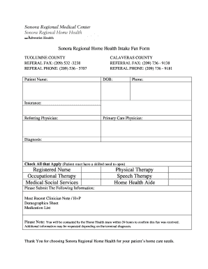 Sonora Regional Home Health Intake Fax Form