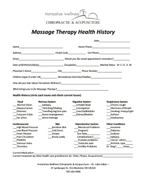 Massage Therapy Health History Form