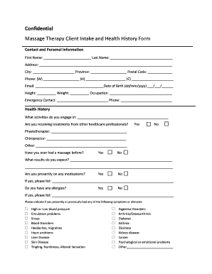 Massage Therapy Client Intake and Health History Form