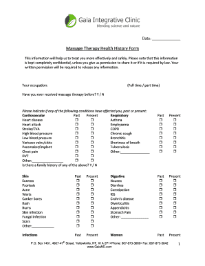 Massage Therapy Health History Form