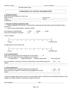 Chiropractic Intake Form and Pain Disability Questionnaire