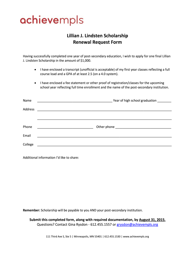 Lillian J Lindsten Scholarship Renewal Request Form - achievempls Preview on Page 1