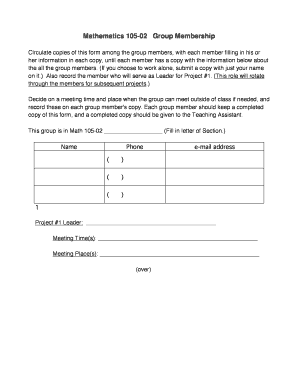 Mathematics 105-02 Group Membership Form