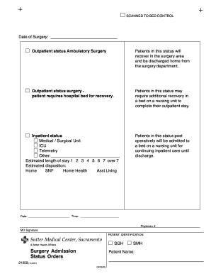 Sutter Medical Center Surgery Admission Form