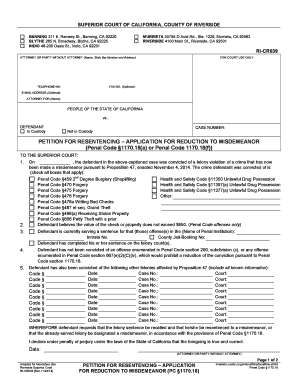 Petition for Resentencing - Application for Reduction to Misdemeanor