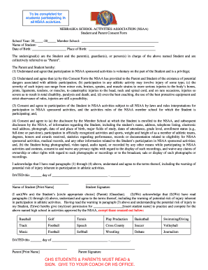 Nebraska School Activities Association Student and Parent Consent Form