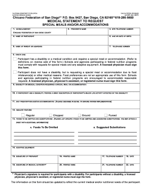 California Special Meal Request Form