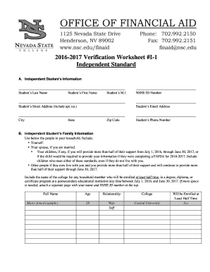 2016-2017 Verification Worksheet I-1