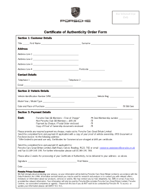 Certificate of Authenticity Order Form