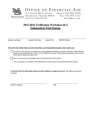 2015-2016 Verification Worksheet for Food Stamps