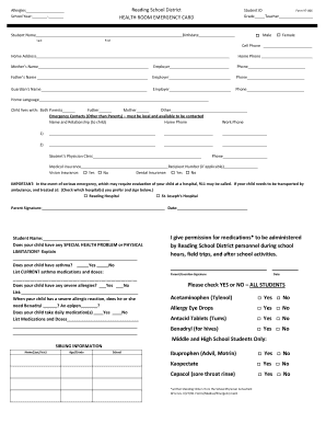 Reading School District Student Health Emergency Card