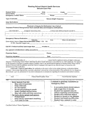 Reading School District Seizure Care Plan