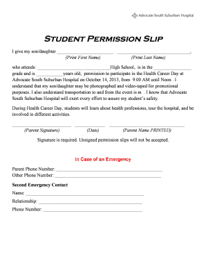 Student Permission Slip for Health Career Day