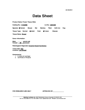 Frozen Tissue Slide Data Sheet
