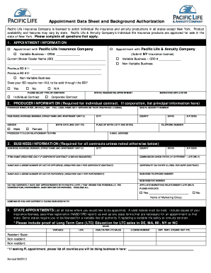 Pacific Life Insurance Appointment Data Sheet