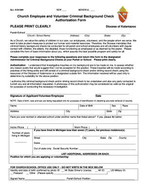 Church Employee and Volunteer Criminal Background Check Authorization Form
