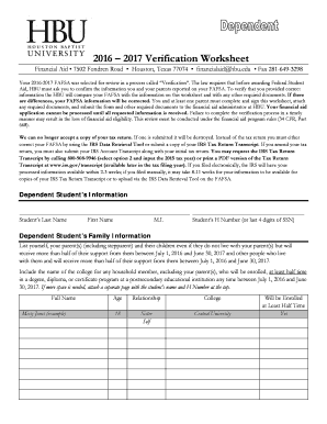 2016-2017 Verification Worksheet