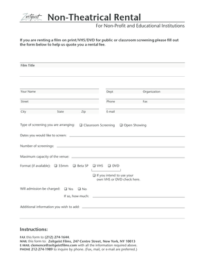 Non-Theatrical Film Rental Form
