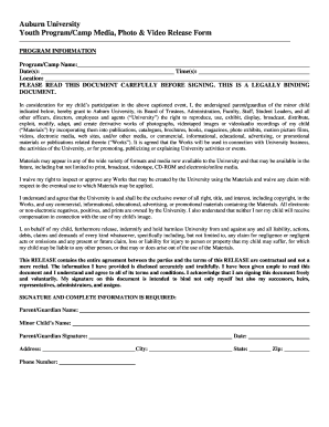 Auburn University Youth Program Media Release Form