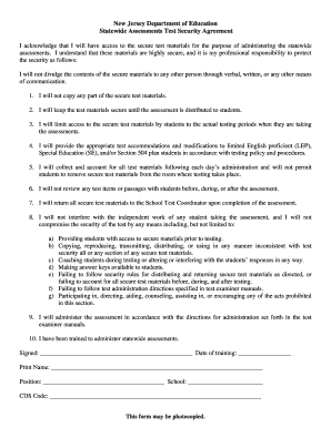 New Jersey Test Security Agreement