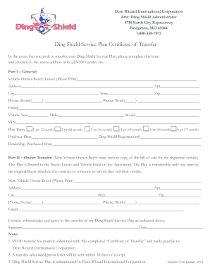Ding Shield Service Plan Certificate of Transfer
