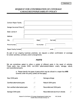 Request for Confirmation of Coverage Garagekeepers/Liability Policy
